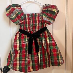 Girls Bonnie Jean Red and Green Plaid Dress with Black Velvet Bow